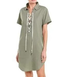 Rails Rocky Laceup Dress Womens XS Army Green Linen Collared Shift Casual Sage